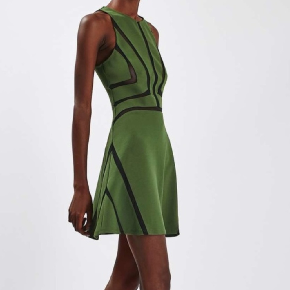 Topshop Green Sleeveless Fit & Flare Dress with Mesh Cutout Accents